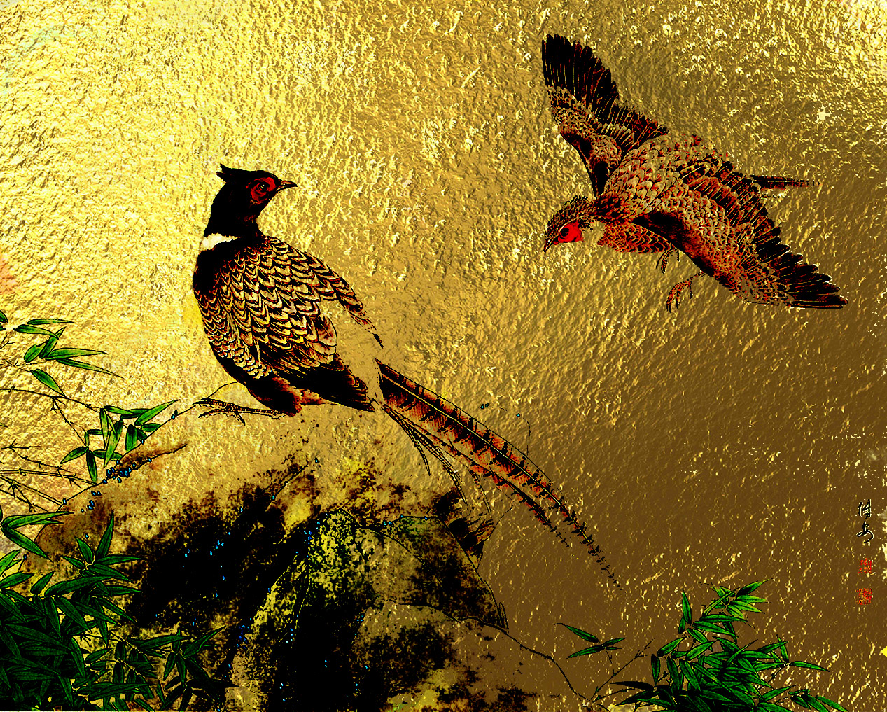 Картина  на сусальном золоте с изображением  Фазанов