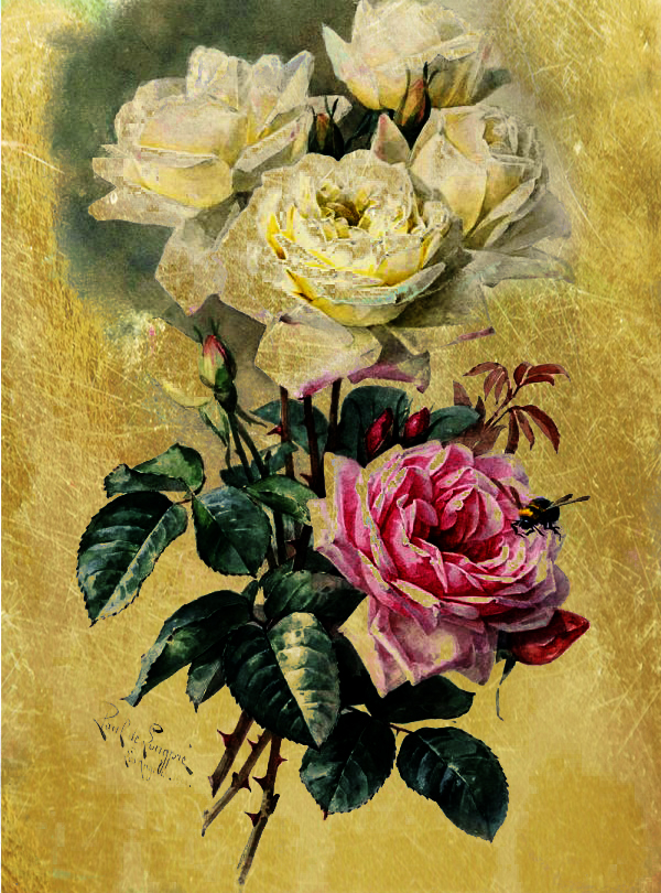 Картина  на сусальном золоте с изображением Ветки с Розами