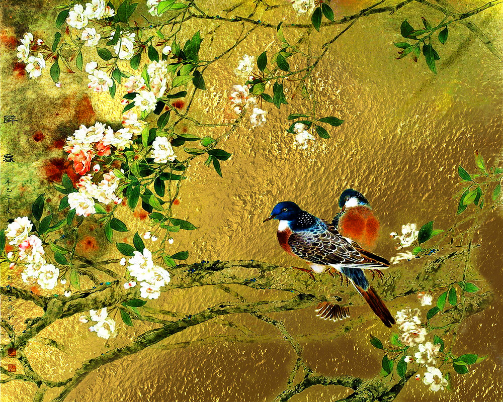 Картина  на сусальном золоте с изображением  Птиц на Сакуре
