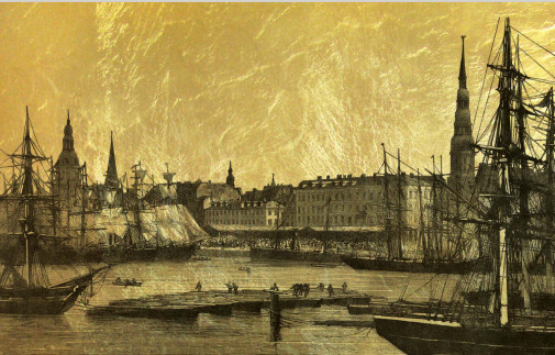 Картина на золоте с видом Риги и Рижского залива