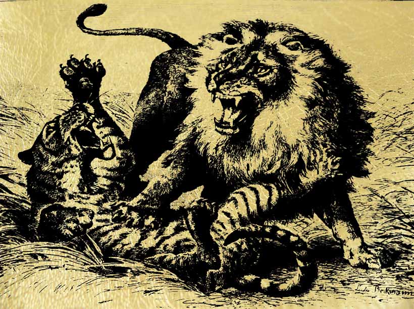 схватка- картина из золота с изображением хищных кошек