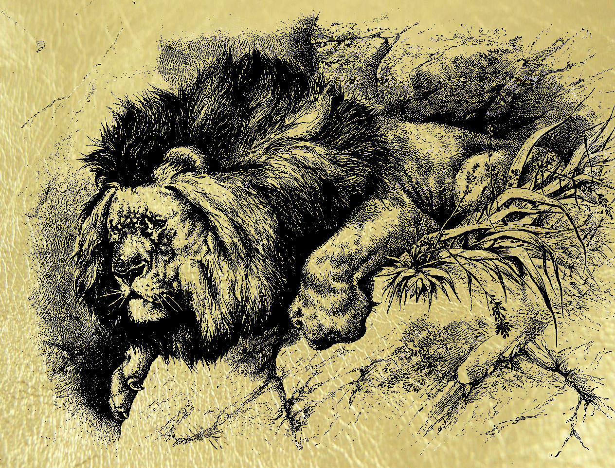 Лев на скале- картина из сусального золота