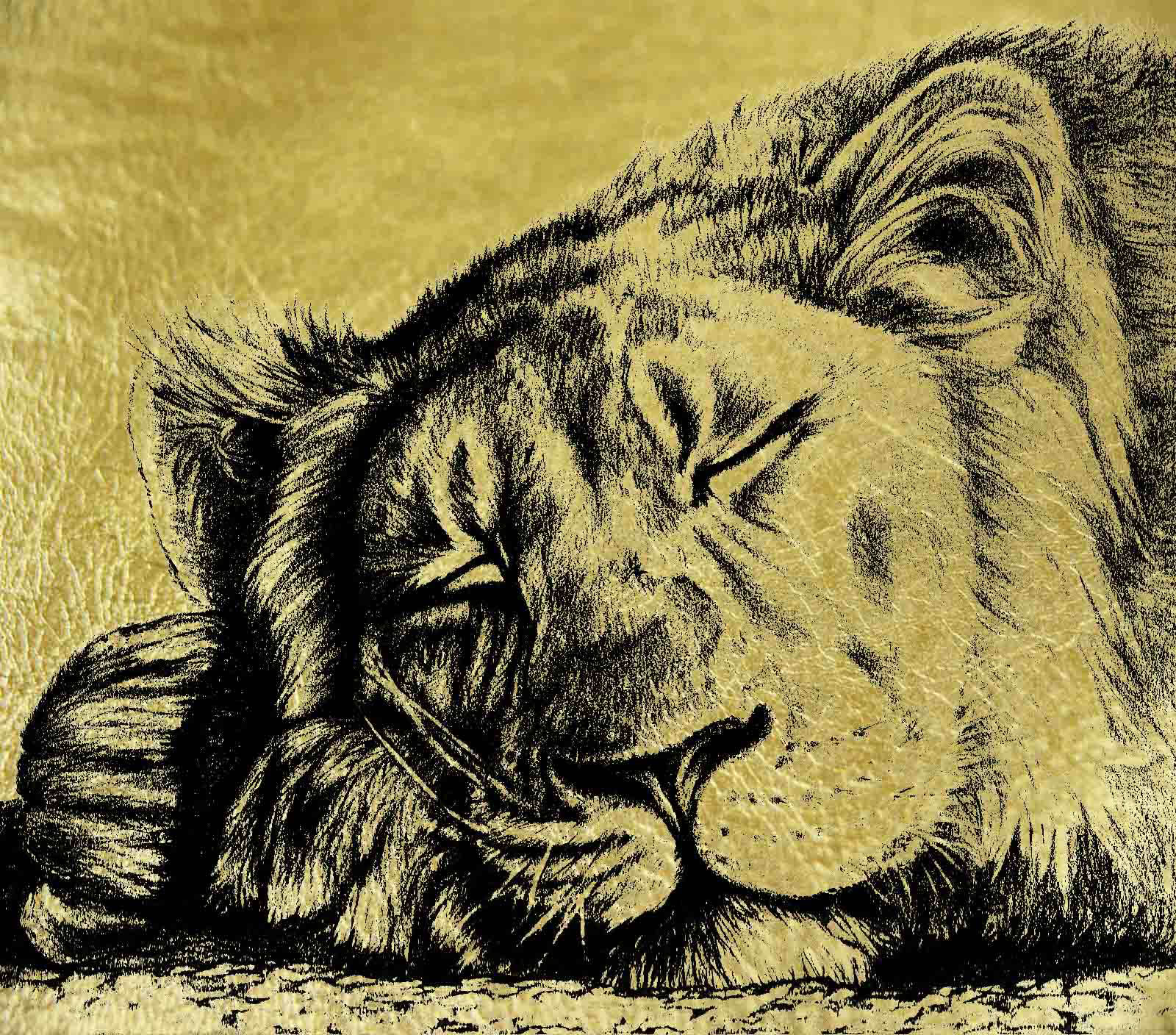 Спящий лев  - картина из золота с изображением львов